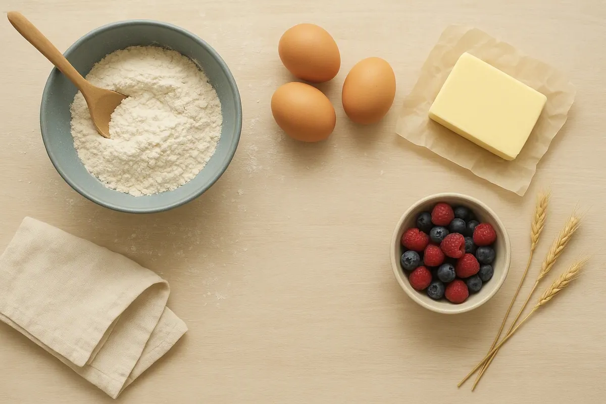 Baking ingredients on an oak table: a blue bowl of flour, eggs, butter and fresh berries